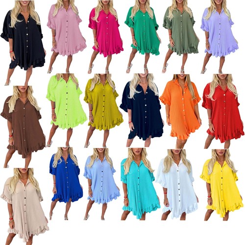 Women Gold Button Pleated Short Dress Frill Hem Loose Fit Oversized Collared Top - Picture 1 of 19