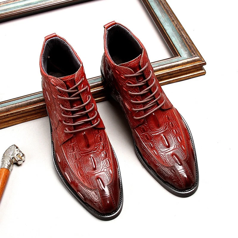 Botas Chelsea Británicas Para Hombres Cuero Real Negocios Con Cordones al Tobillo Estampadas de Cocodrilo Foto 4 de 4