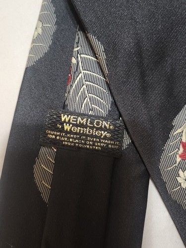 Vintage Mens Wemlon Wembley Poly Necktie Wide 1970s Fliral Retro Tie Black - Picture 2 of 2