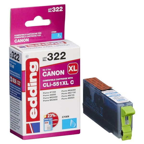 Edding EDD-322 Cyan Druckerpatrone Kompatibel Zu Canon CLI-551 Xl-image