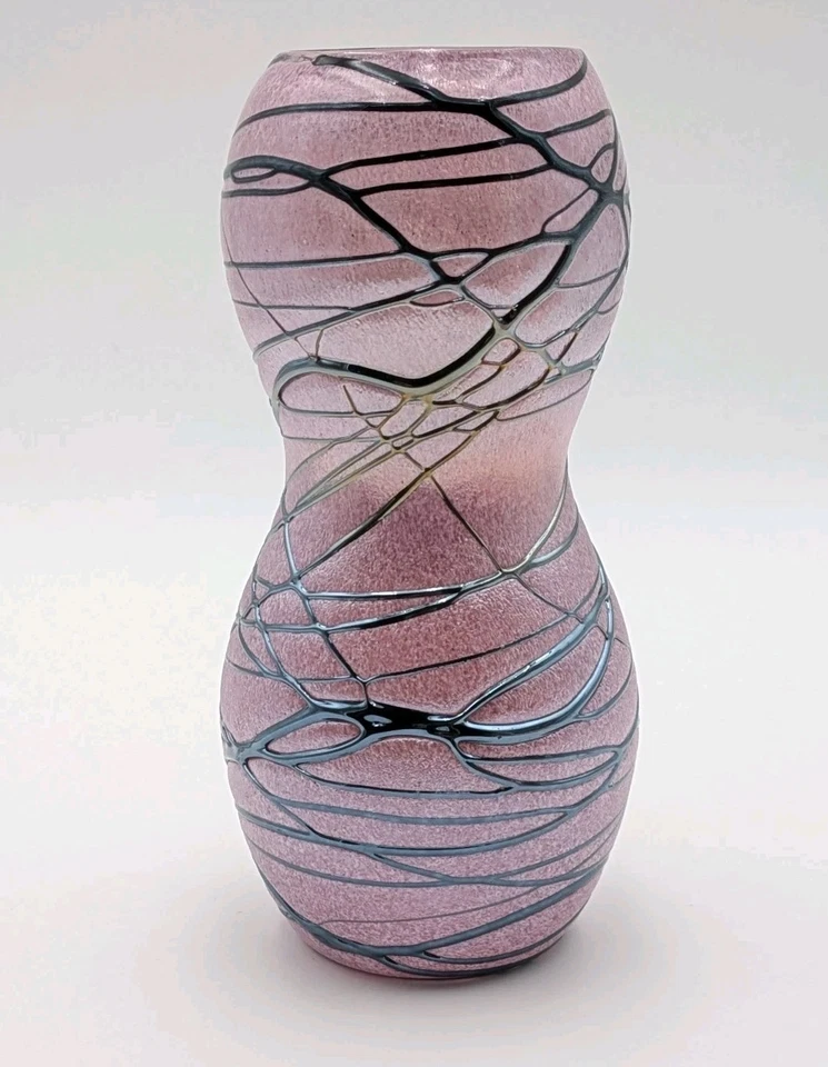 Art Glass Threaded Spots and Thread Purple Hand Blown Glass Vase Hourglass Shape - image 3 of 4