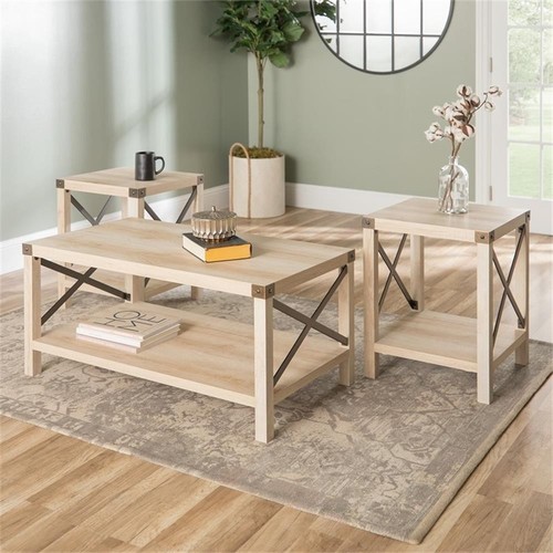 Homesphere Furniture 3-Piece Rustic Wood and Metal Coffee Table Set in White Oak - Picture 3 of 3