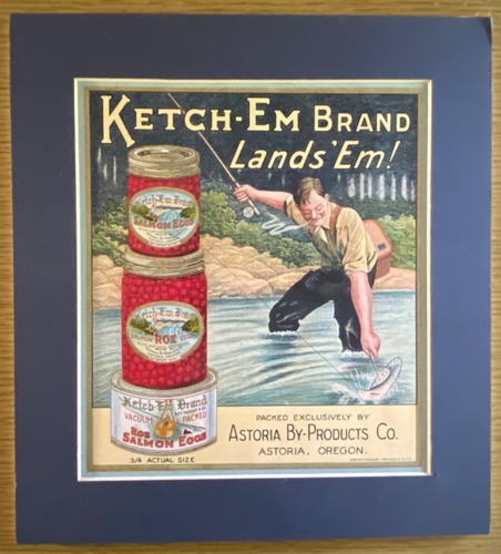 1920s PESCA: UOVA DI SALMONE KETCH-EM antica cassa opaca etichetta ASTORIA, OREGON - Foto 1 di 4
