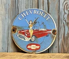 Vintage Chevrolet Pinup Girl Porcelain Metal Sign 1957 Chevy Convertible