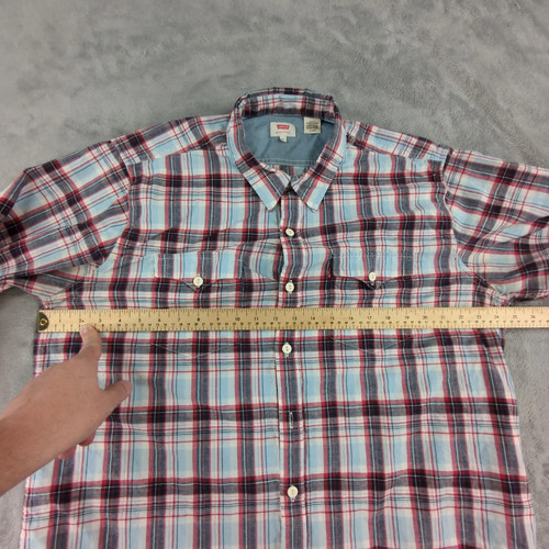 Levis Mens Long Sleeve Button Up Shirt XL Red Navy Blue Plaid Cotton Linen - Picture 7 of 9