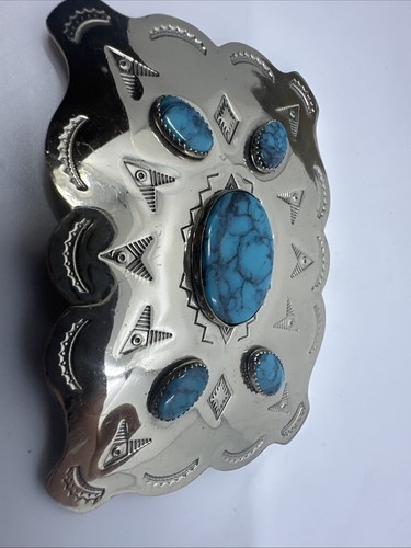 Vintage Southwestern Bell Trading Nickel Silver & Turquoise Belt Buckle