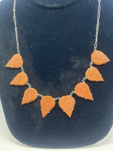 Vintage! Sterling Silver w/ 8 Goldstone AVENTURINE Necklace ~18"Long - Picture 7 of 8
