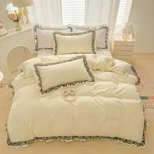 Black Lace Ruffle Duvet Cover Set, 3 Piece Cream Yellow Bedding Queen Size, C...