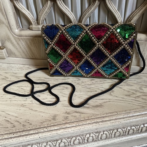 VINTAGE Multi Color Beading Sequin Argyle Beaded Background Evening Handbag MINT - Picture 2 of 10