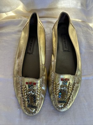 Vintage Carysma Club Metallic Gold Leather Flats Shoes Size 10M Komando 80s