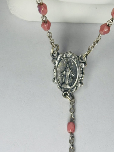 Vintage Italien Silber Rosa OPALISIEREND Perlen Gebet Medaillon/Kruzifix 26" Rosenkranz öffnet sich! - Bild 6 von 21