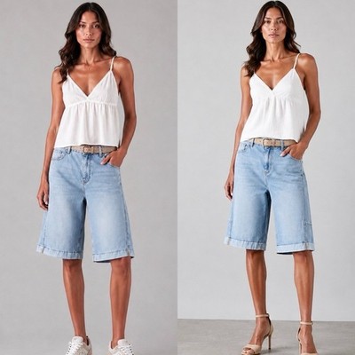Damen Jeans Sexy Woman Bermunda Denim M 38 L 40 XL 42 Helle Waschung leicht