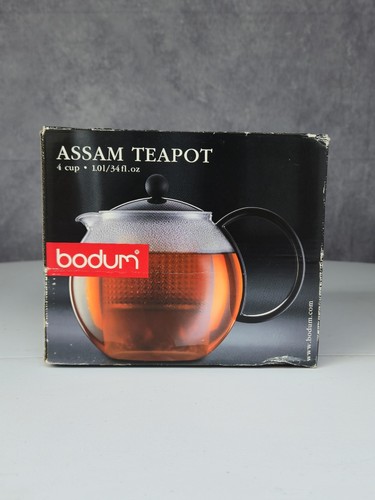 BODUM Assam Round Teapot 17 oz 2 Cup Press Filter Clear Infuser w/ Black