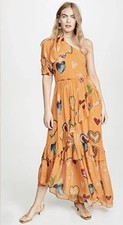 FARM RIO Amber Hearts One Shoulder Maxi Dress In Yellow Multi Size Small 