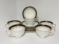 Aynsley China Leighton Cobalt 1646 Gold Smooth Rim Footed Cup n Saucer 6 Sets