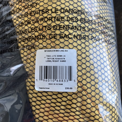 The North Face Trail Lite Down 35° Sleeping Bag Long RH Yellow Khaki MSRP $210 - Picture 2 of 4