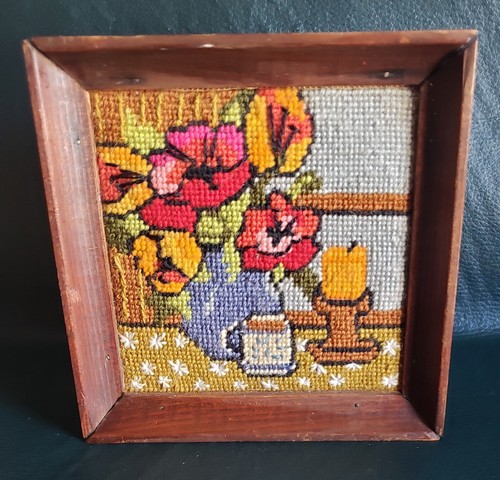 Vtg Flower & Candle Crewel Needlepoint 6.5" x 6.5" Handmade Rustic Wooden Frame