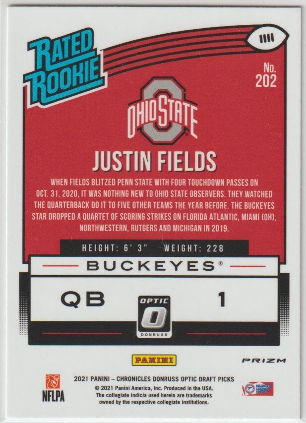 2021 Optic Justin Fields Rated Rookie Silver Card #202 - Picture 2 of 2