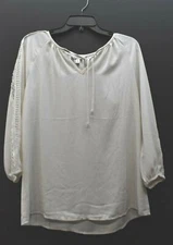 Charming Charlie Womens Ivory Tie Neck Lace Trim Puff Sleeve Casual Blouse Top M