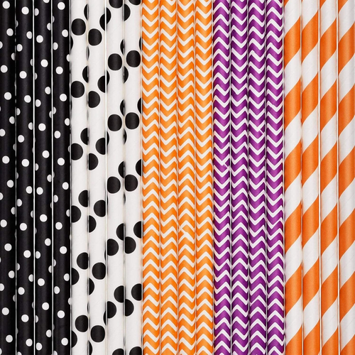 125 Pieces Halloween Paper Straws Decorative Drinking Straws with Stripe, Wave, - Picture 3 of 8