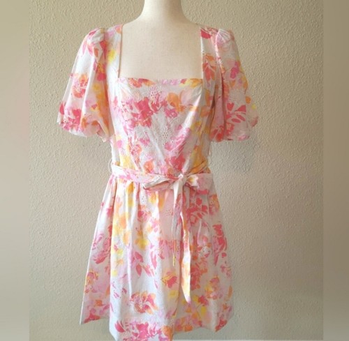 Neu mit Etikett Eliza J Frühling Baumwollkleid mit Ösen Blumendruck rosa Größe 8 - Bild 2 von 12