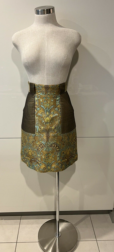 MATTHEW WILLIAMSON Gold & Pale Green Metallic Brocade Skirt, Lined 8Aust,UK/4US - Picture 3 of 9