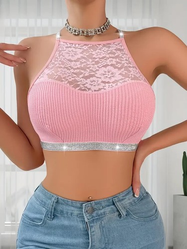 NEW Small. Pink Sexy w Floral Lace & Silver Ribbon Camisole Top Poly Knit Comfy - Picture 4 of 5