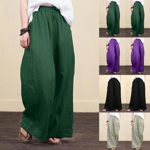Plus Size Womens Cotton Linen Plain Baggy Trousers Casual Wide Leg Flared Pants