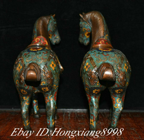 10" Antique Old Bronze Cloisonne Enamel Dynasty Animal Success Horse Statue Pair - Picture 4 of 9