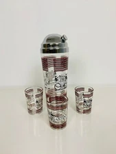 Vintage Mid Century Cocktail Shaker with 3 Shot Glasses, Hazel Atlas Barware