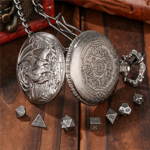 7Pcs/Set Metal Polyhedral Dice Set DND Dices with Dragon Pocket Watch Case Chain - Picture 11 of 14