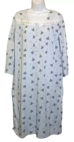 Nightgown Womens M Long Sleeve Knit Below Knee Blue Floral Eyelet Lace Trim