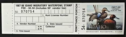 Estampilla de pato 1987 Idaho "edición Hunter", ID1a, canela verde azulado, $$$ debajo de la cara $$$ - Imagen 1 de 2