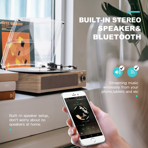 Vinyl Record Player with Speakers - Vintage Style Belt-Driven Turntable - Picture 3 of 9