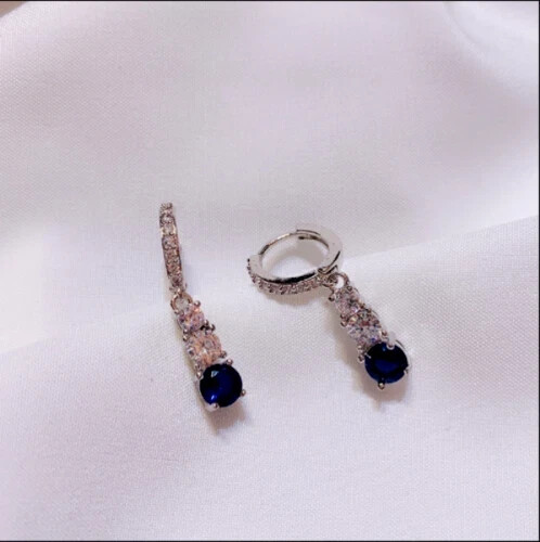 2Ct Round Lab-Created Blue Sapphire Drop/Dangle Earrings 14K White Gold Plated - Picture 3 of 8