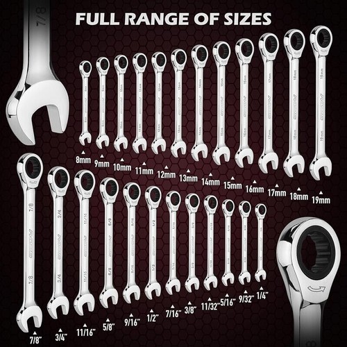 24 Pc Ratchet Wrench Set Metric SAE Chrome Vanadium 72 Tooth Mechanic Tool Kit - Picture 4 of 9