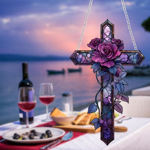 Purple Rose Cross Suncatcher Hanging Decor,Flat Stained Acrylic Suncatcher - Picture 7 of 10