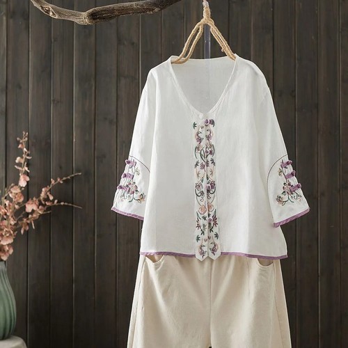 Chinois Ethnique Haut Broderie Chemise Coton Thé Vêtements Bouton Gilet Manteau - Foto 6 di 17