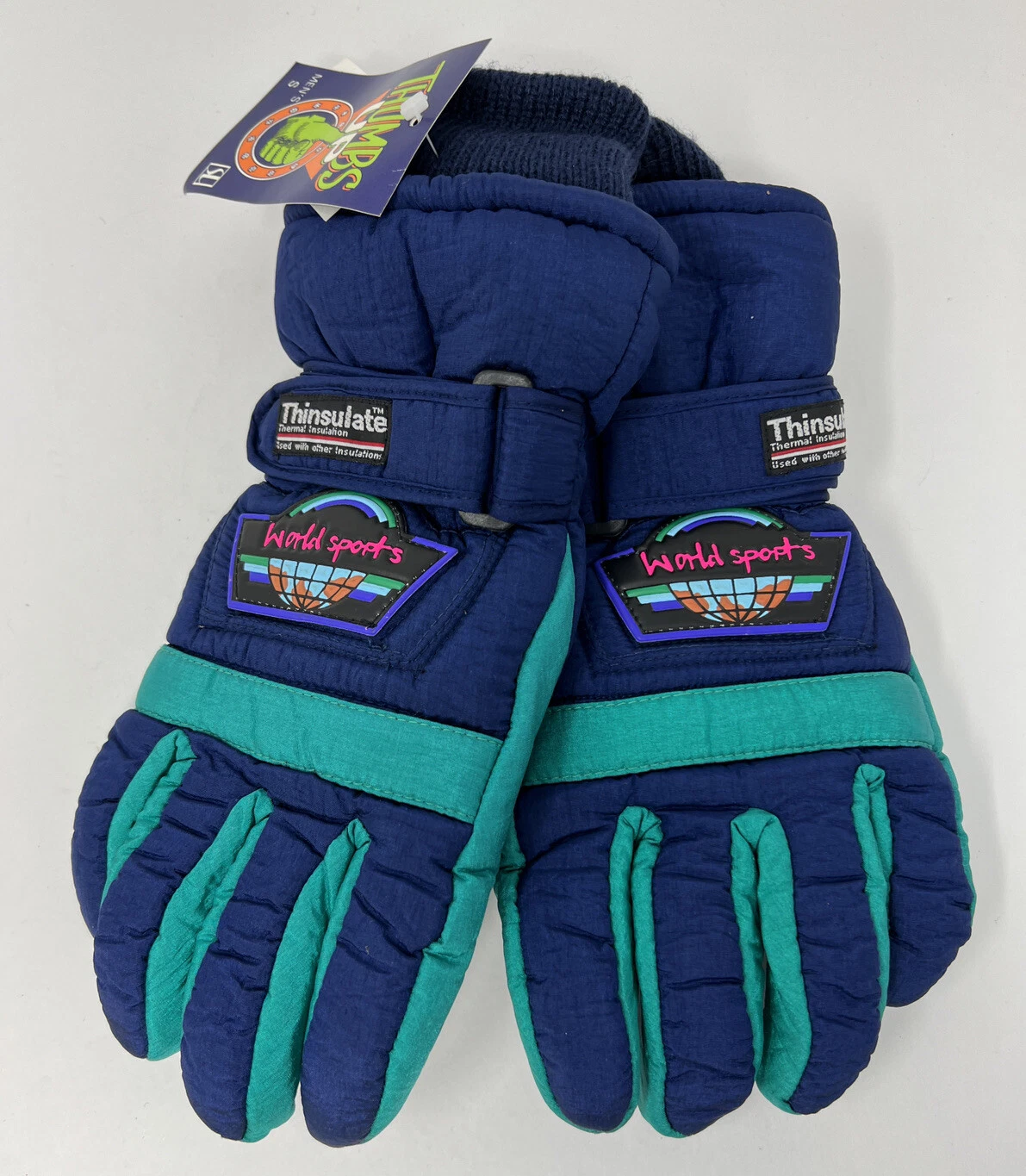 Vtg NOS Thumbs Up Thinsulate World Sports Snow Ski Gloves Men's Size S Blue Grn