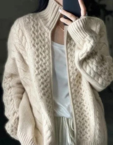 Pullover Damen Rollkragen Reißverschluss Strick Cardigan lässig locker Pulli - Bild 3 von 3