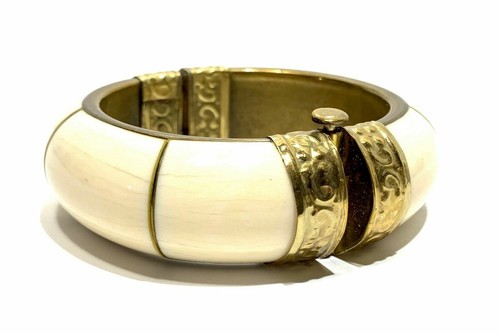 Vintage Antique Brass & Cow Bone Inlay Large Statement Hinge Bracelet - Picture 4 of 5