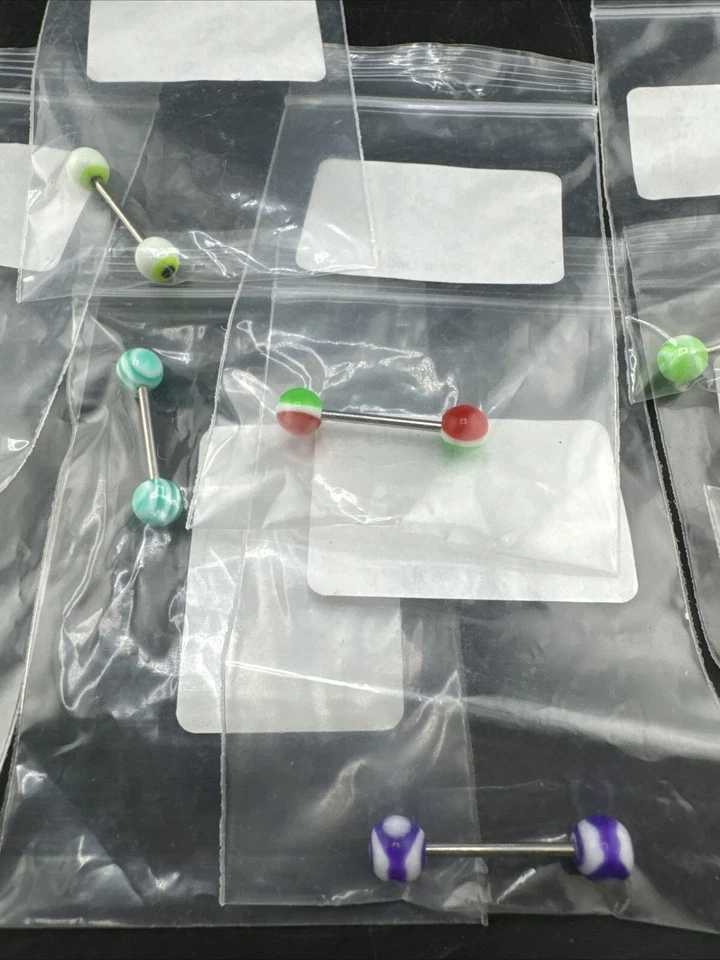 💥 Juego de 10 bolas de barra de diseño de rayas anillos de lengua acrílicos 14G colores #2 Foto 4 de 4