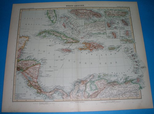 1902 ORIGINAL MAP WEST INDIES ANTILLES CARIBBEAN FLORIDA PANAMA CUBA BAHAMAS - Picture 2 of 12