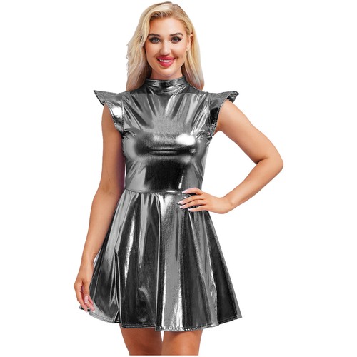 Costume donna vestito smanicato cappuccio manica gonne danza metallizzato club wear bar - Foto 42 di 116