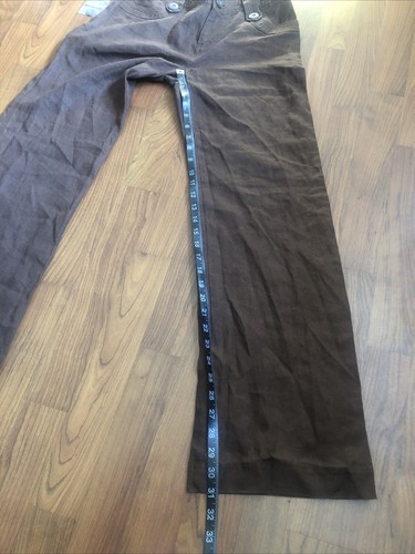 Pantalone Bass 100% Lino Marrone Cioccolato Vita Media Gamba Larga NUOVO Taglia 2 Tasche - Foto 9 di 13