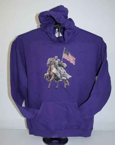 TRUMP as Knight In Shining Armor Riding Horseback Hoodie Sweatshirt Large Purple - Picture 2 of 4