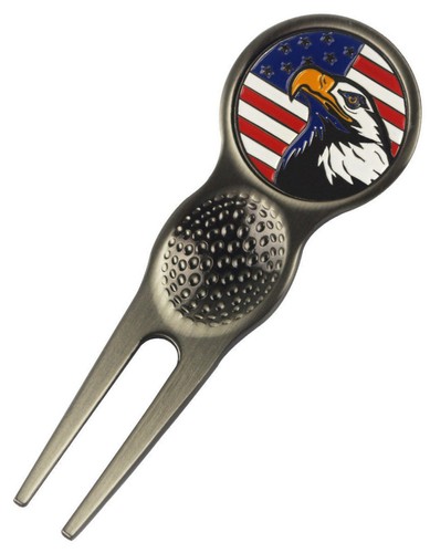 Golf Divot Repair Tool w/ Magnetic Ball Mark Marker Silver Eagle USA Flag NEW - Picture 1 of 3