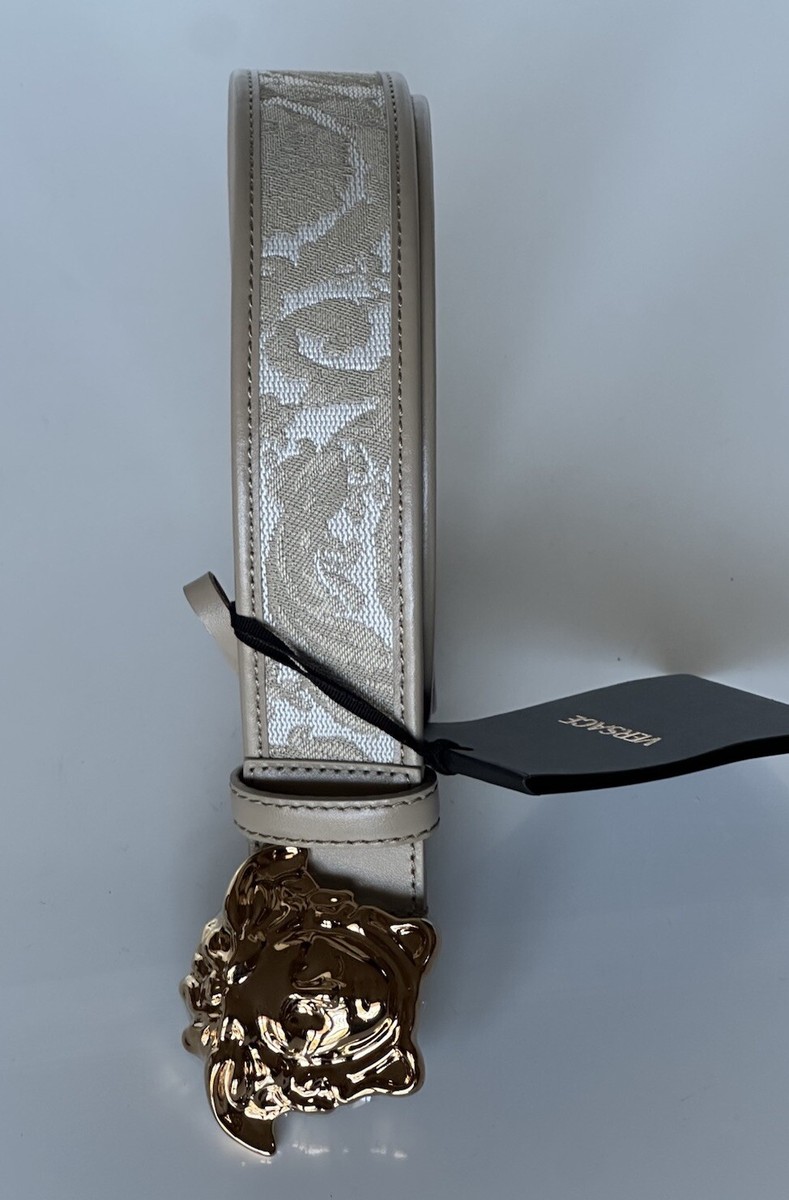 Versace Medusa-Buckle Jacquard Calf Leather Beige Belt 85 Versace Medusa-Buckle Jacquard Calf Leather Beige Belt 85