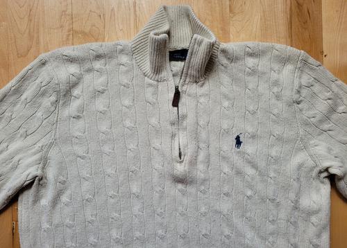 Polo Ralph Lauren Pullover Zopfmuster Herren Large Creme Tussah Seidenpullover - Bild 8 von 14