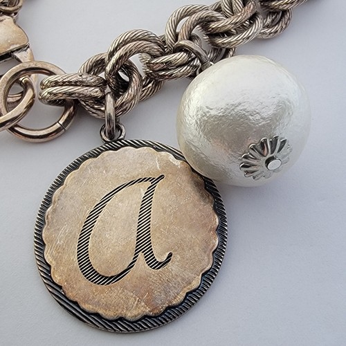 John Wind Maximal Art Silver Tone Chain Bracelet w/Letter A Charm & Cotton Pearl - Picture 4 of 12